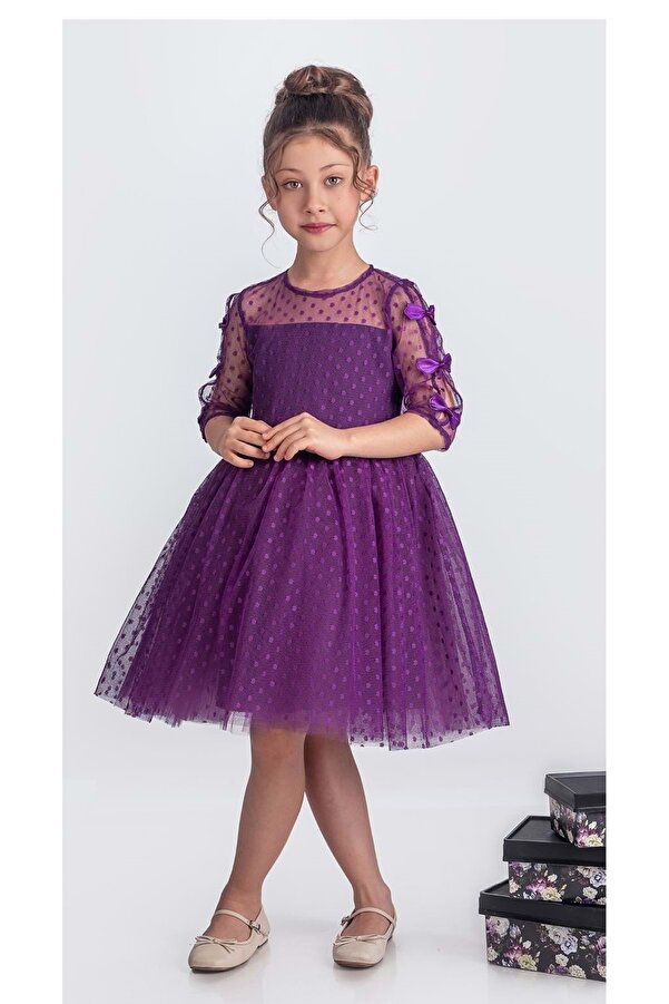 Mnk Baby&Kids Dantel Puanlı, Uzun Kol Prenses Kız Çocuk Elbise M00707 MOR