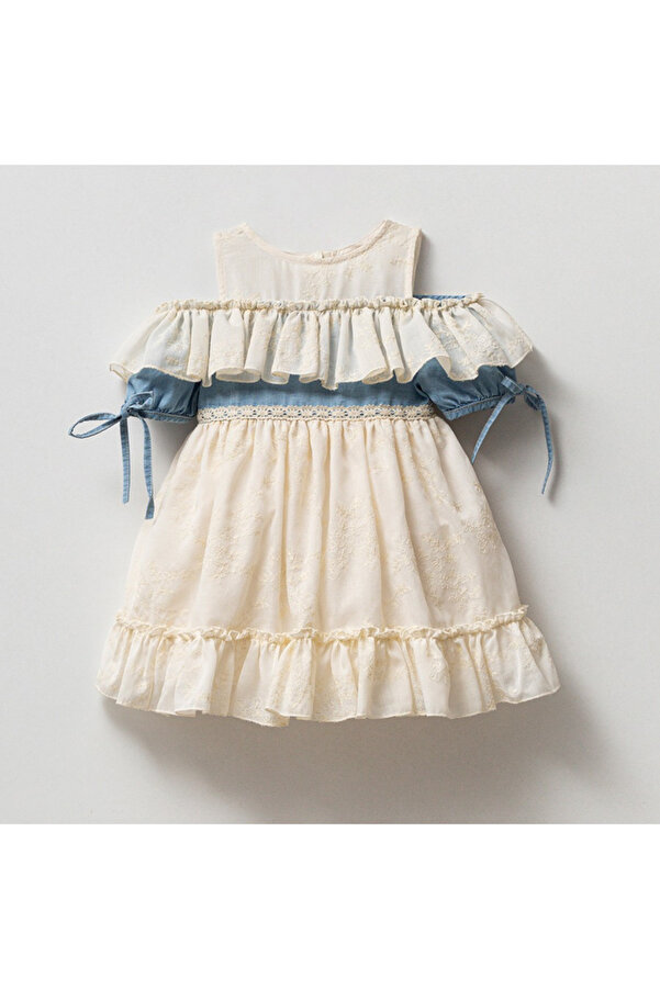 Little Pumpkin Fırfırlı Denim Detaylı Kız Bebek Bayramlık Elbise