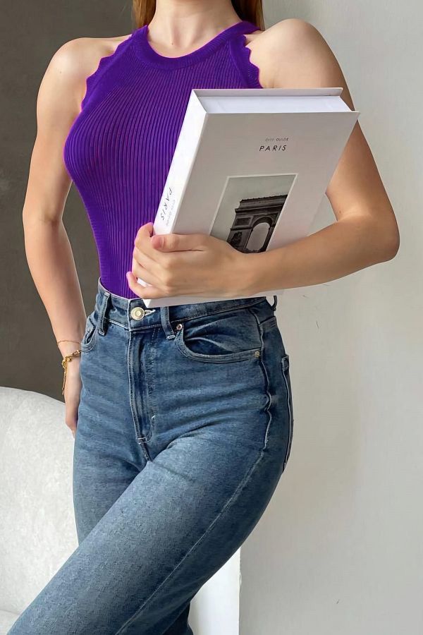 lovebox-Tricotaj elastic pentru femei, cu volane, fără mâneci, bluză de bază violet 0296 1