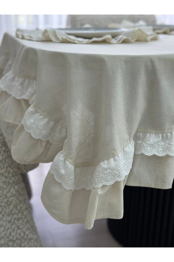 eyma home-Raw Linen Scallop Ruffle Tablecloth (140X 340cm) 1