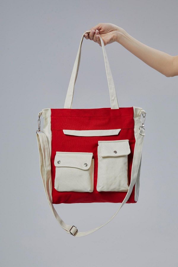 Çınar Bez Çanta-Canvas Front Pockets Snap Bag (Red-Ecru) 1