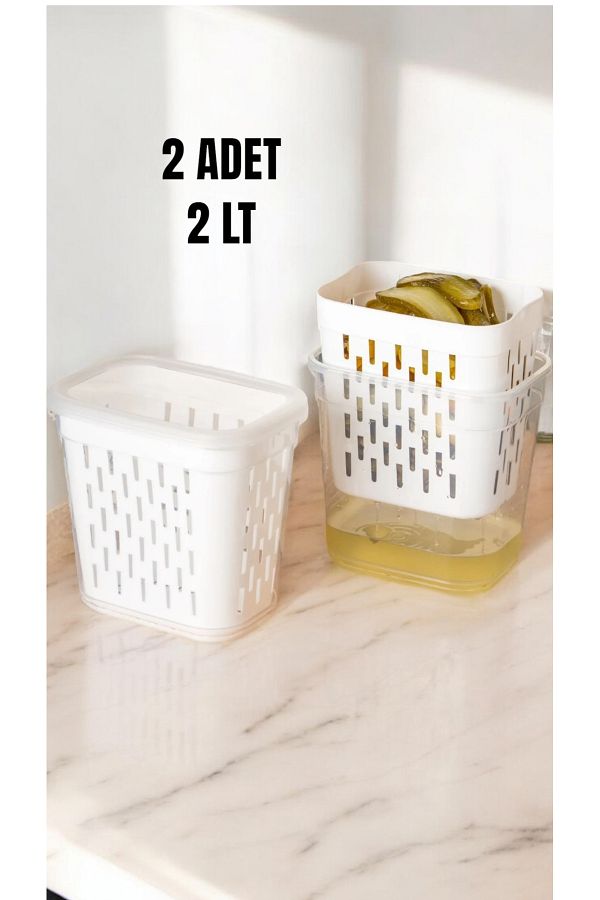 Buclee-Set of 2 Rectangular Storage Containers with Drainer - Pickle Holder, Olive Holder, Multi-Purpose (2 X 2Lt) 1