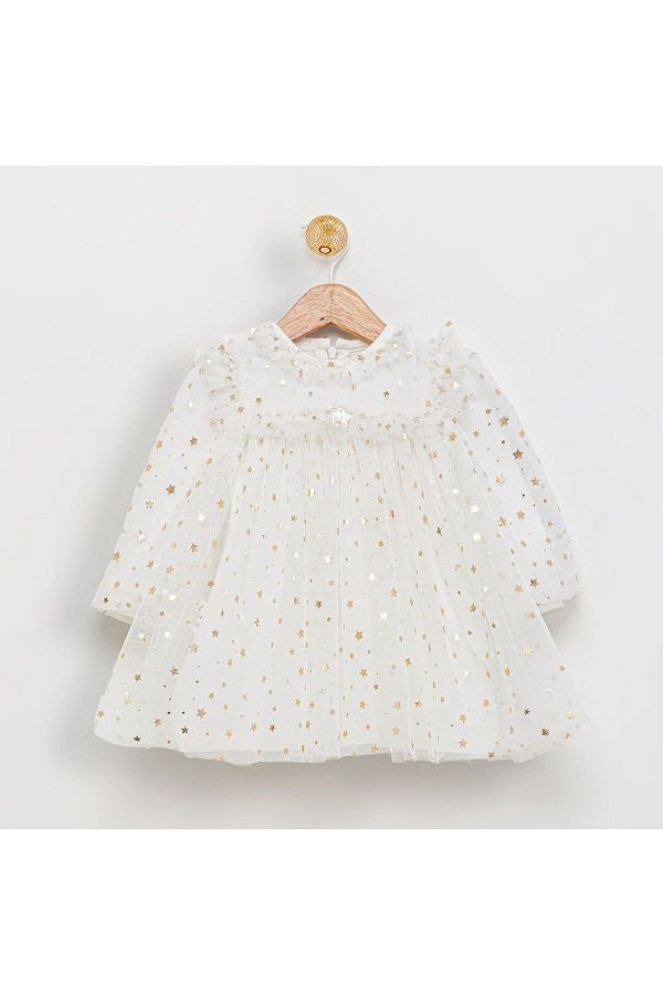 Baby-Gold Star Patterned Baby Girl Tulle Birthday Shooting Dress Ecru 1
