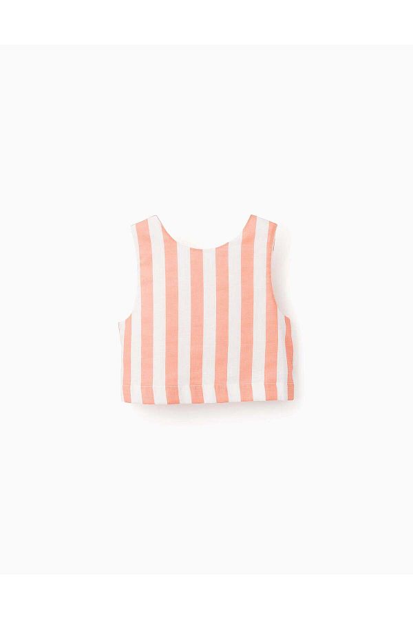 Ziddy-Cropped Striped Cotton Top for Girls, White/Orange 1
