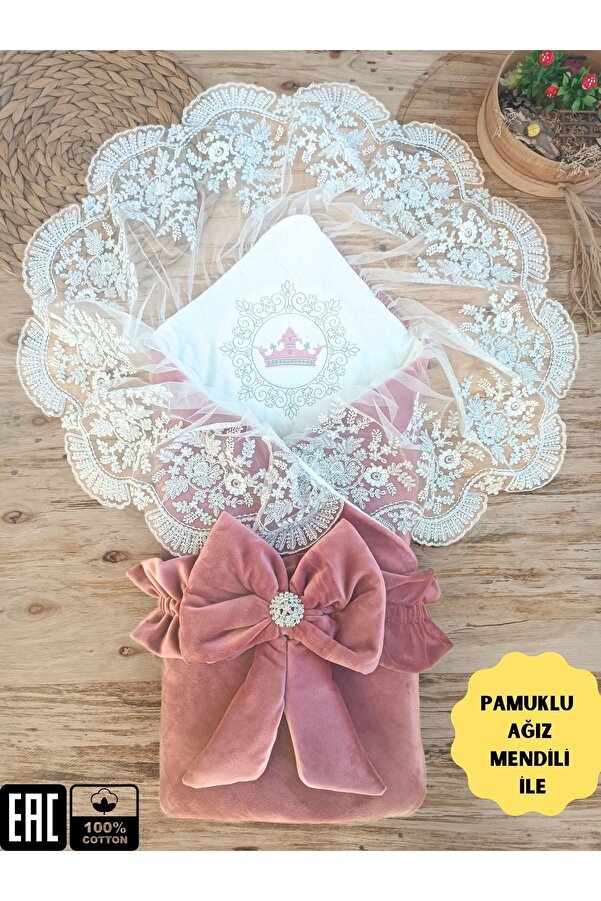Tomuycuk Kadife Kız Bebek Battaniyesi Dantelli Kundak Hastane Çıkışı Yenidoğan %100 Doğal Pamuktan Hediyelik