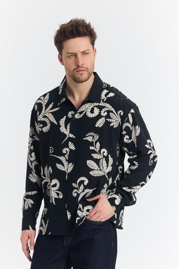 TENA-Men's Black Long Sleeve Crinkle Branch Patterned Shirt 1