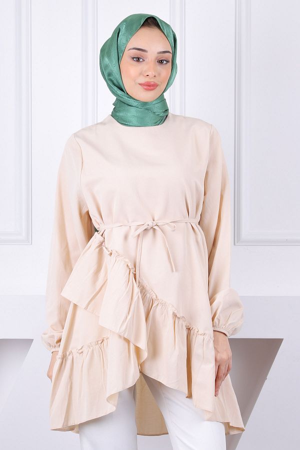 İmajButik-Μπεζ φούστα με στρώσεις βολάν τουνίκ 1