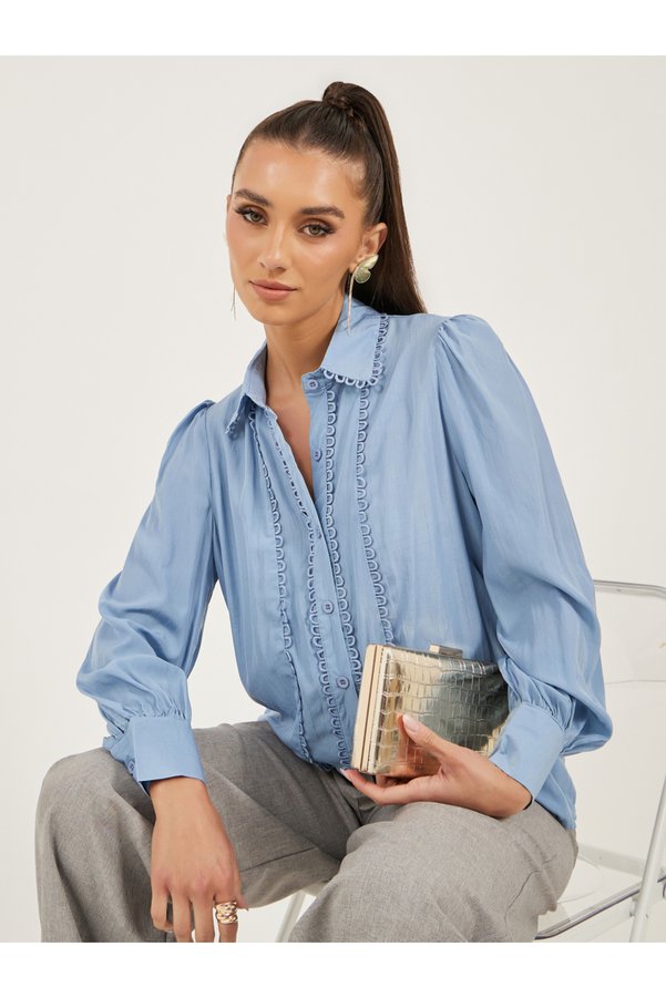Styli Lace Detail Collared Plain Long Sleeve Shirt