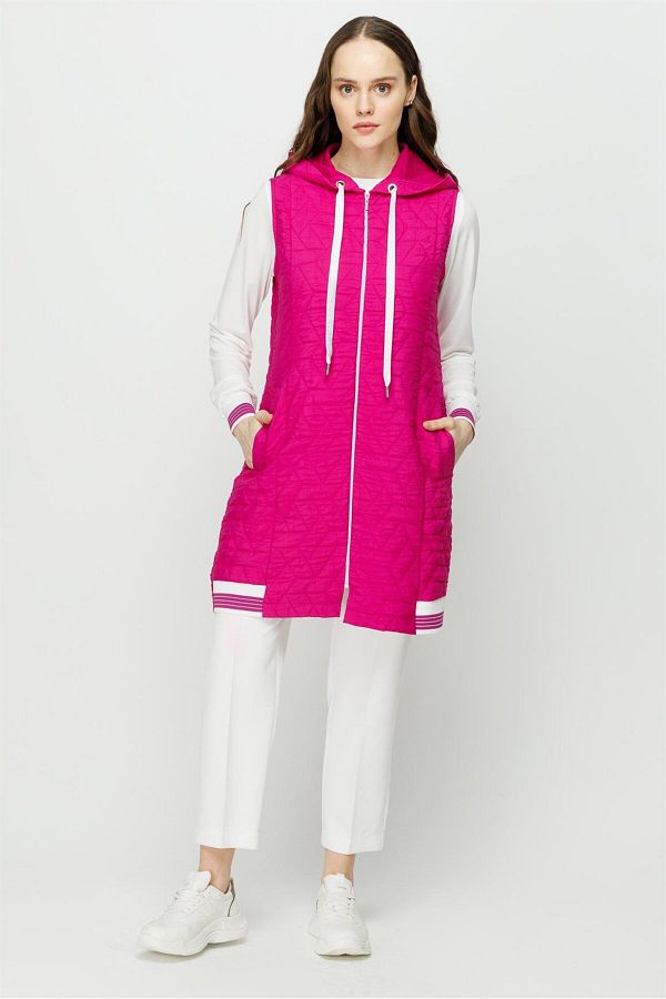 Esswaap-Self Patterned Hooded Vest Tunic Set Fuchsia 1
