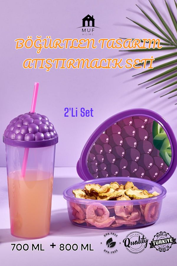 MUF HOME-Blackberry Patterned Fun Design Storage Container and Glass with Straw 800Ml+700Ml Set of 2 1