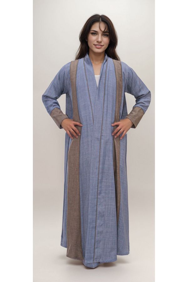 Generic-Multi-colored linen abaya with rectangular linings along the length of the abaya made of the same fabric 1