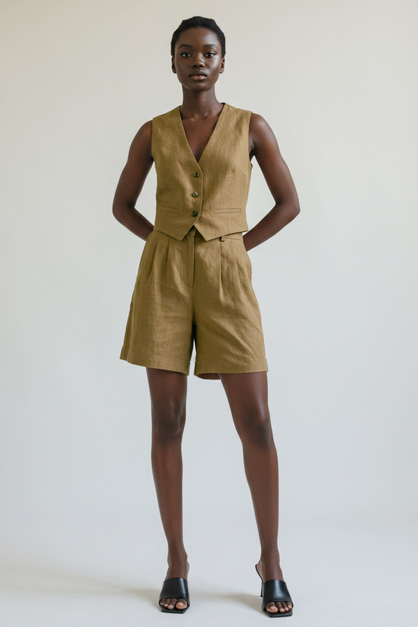 Trendyol Collection-Khaki Wysoki stan Lniany wygląd Szerokie nogawki Szorty i Bermudy Twoss25Sr00029 1