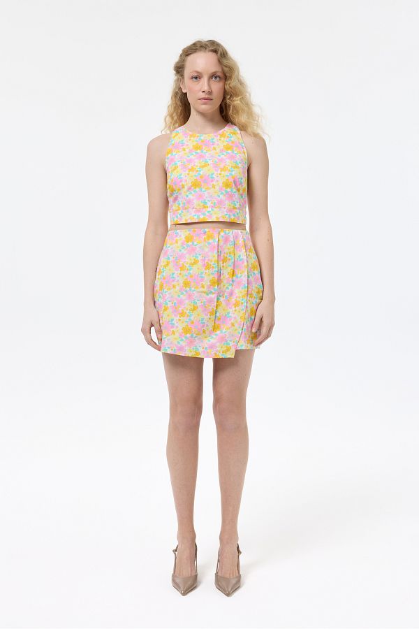 Quzu-Pink Floral Patterned Mini Skirt, Pleated 1