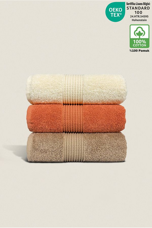 Ellaline-3-Piece Towel Set - 100% Cotton, Hand Face Kitchen Towel, Tile Brown Beige, Absorbent Soft 1