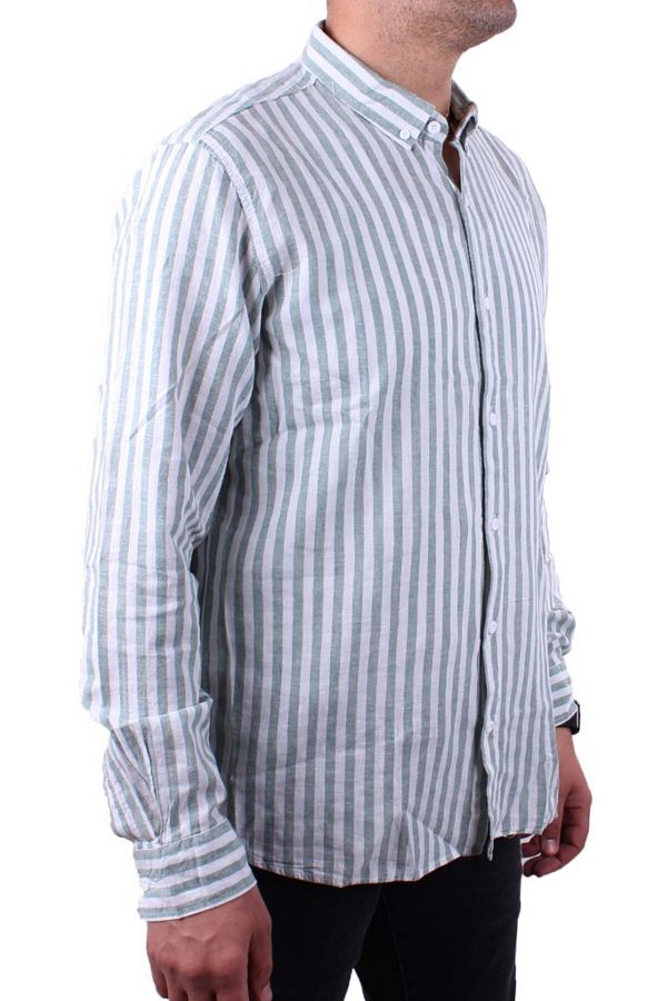 Twister Jeans-Twister 1905 Green Striped Long Sleeve Casual Cotton Blended Linen Men's Shirt 1
