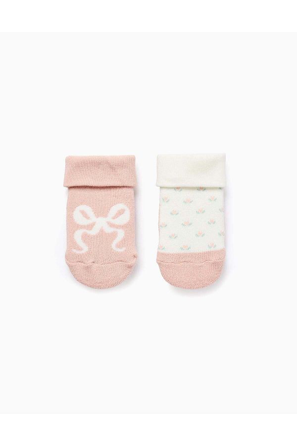 Ziddy-Pack of 2 Non-Slip Socks for Baby Girls 'Flowers', Pink/White 1