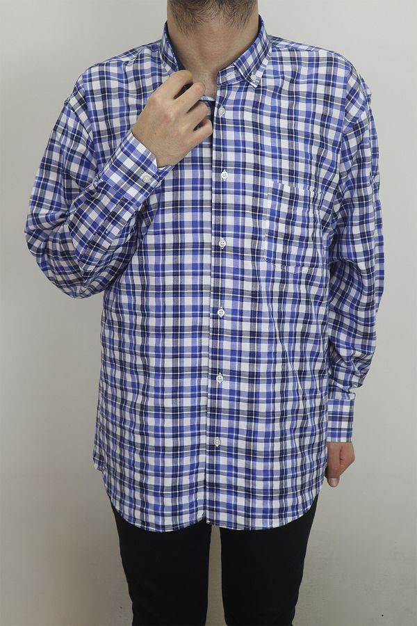 CLİENTE-Men's Dark Blue Plaid Cashmere Long Sleeve Summer Single Pocket Patika 1