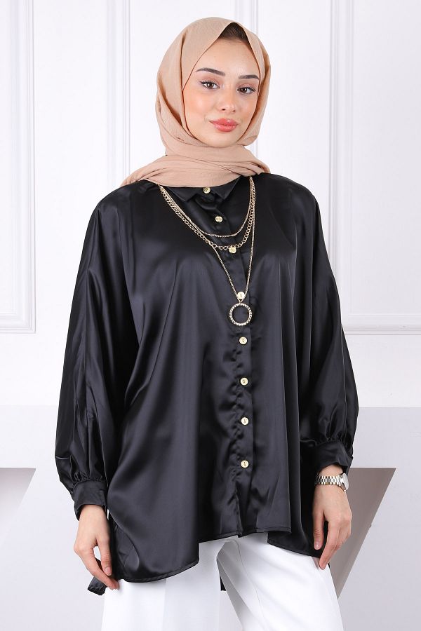 İmajButik-قميص ساتان أسود كبير الحجم مع قلادة 1
