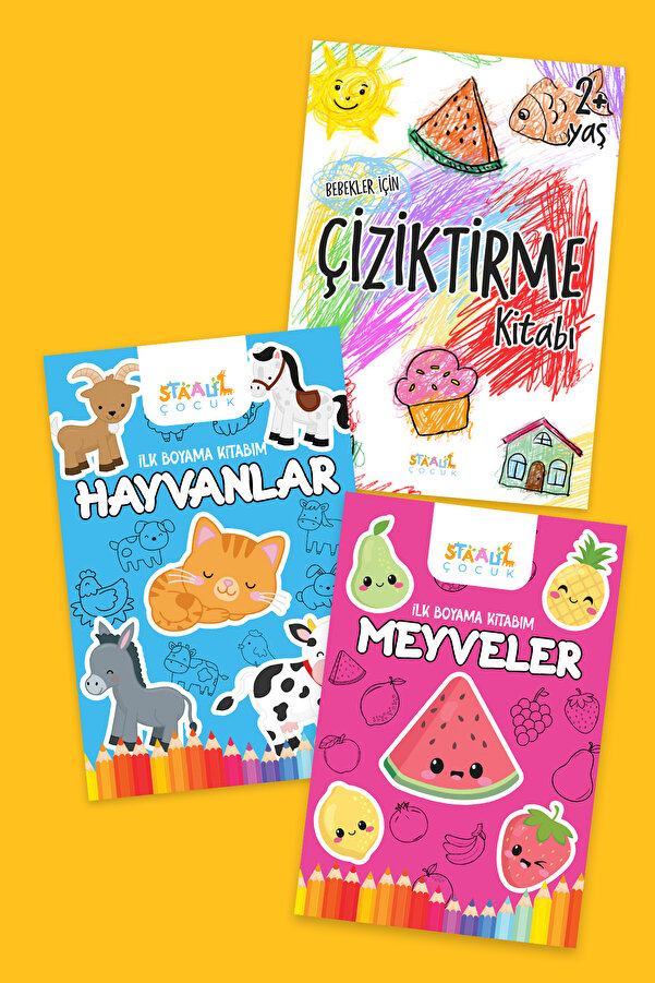 STAAU Çocuk Boyamaya Başlangıç - Bebek Boyama Kitapları Seti (3 Kitap) (Çiziktirme - Hayvanlar - Meyveler)