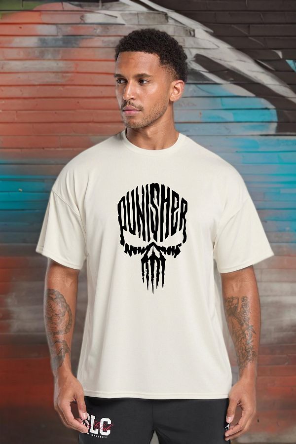 BESSA-Tricou pentru bărbați, cu imprimeu Punisher, bej, supradimensionat, din bumbac, cu decolteu 1