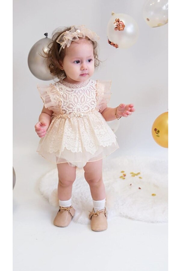 bebeksen İNCİ DETAYLI DANTEL ABİYE KIZ BEBEK ÖZEL GÜN DOĞUM GÜNÜ ELBİSESİ