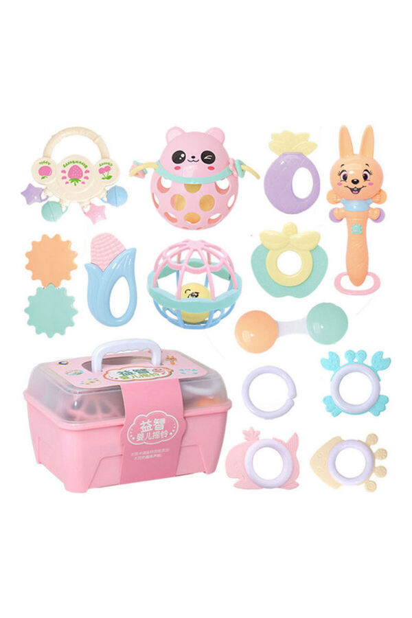 Generic-13-Piece Multi-Shaped Baby Rattle Toy Set With Pink Storage Box 1
