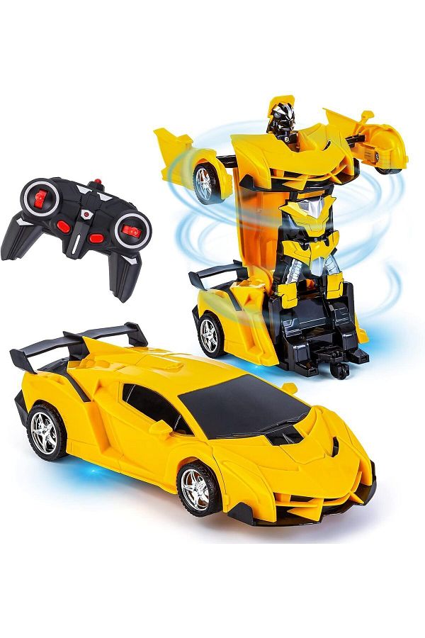 Yelajoy-Rc Transforming Car Robot Toys, With Lights 2.4GHz, 3 Rechargeable Battery, for 3+, Yellow 1