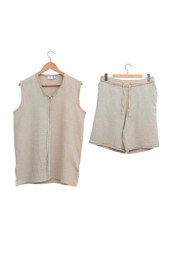 Ecocotton-Set pijama pentru bărbați Melsa, cu pantaloni scurți, 100% bumbac organic, muselină, verde 1