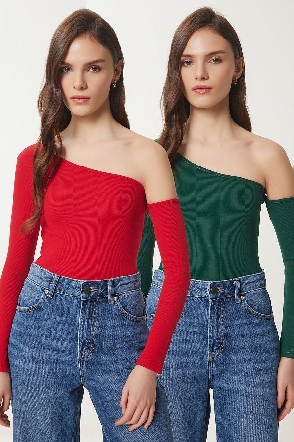 Lovelyİstanbul-Open Shoulder Ribbed 2-Piece Knitted Blouse Red Green Ltg0002 1