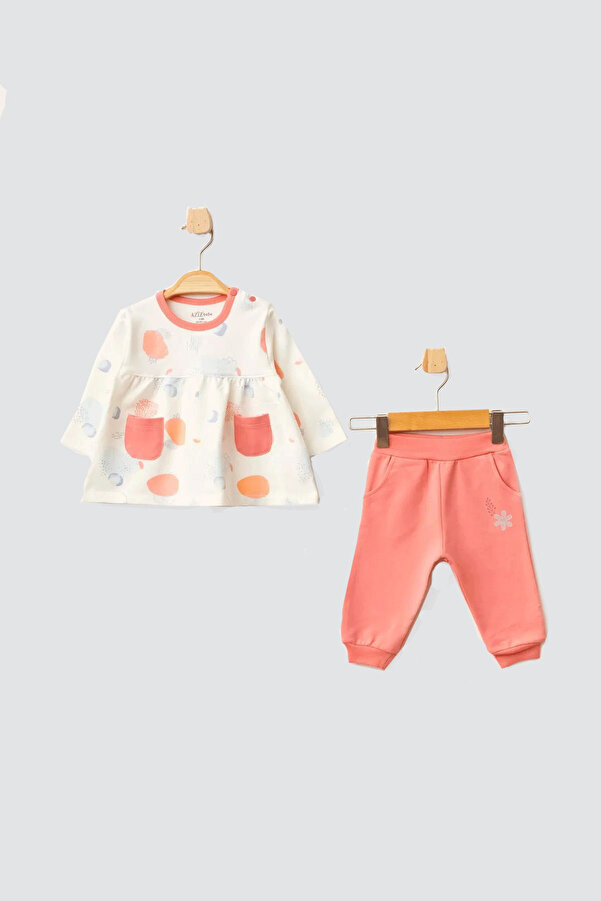 Aziz Bebe Kız Bebek Desenli Sweatshirt Pantolon 2 'li Alt Üst Bebek Takımı 3 Ay-36 Ay