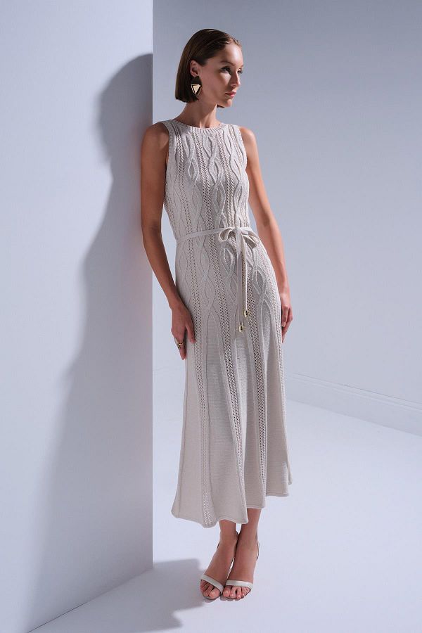 JOIN US-Belted Beige Midi Dress with Hair Braid Detail 1