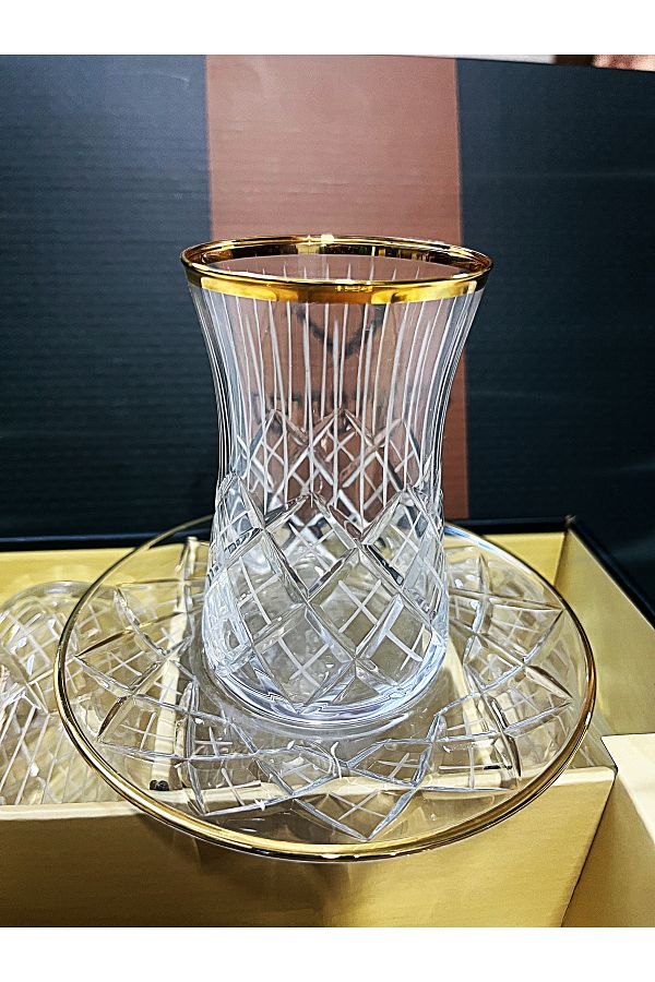 DECOSTYLE-Heybeli Aşabahçe Decorated Gold Gilded Super Patterned Glass Plate 12 Piece Tea Set 1