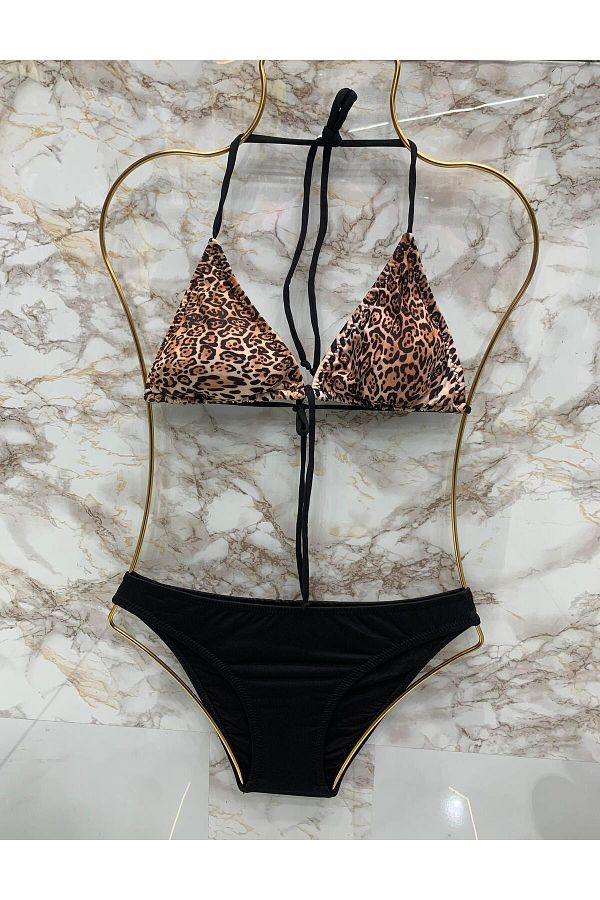 XORVİO-Set bikini pentru femei/fete Set bikini pentru juniori cu imprimeu leopard Lycra elastic Set bikini elegant cu cordon 1