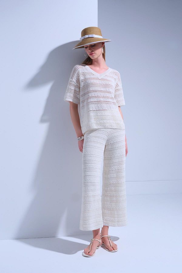 JOIN US-Openwork Lined Ecru Trousers 1