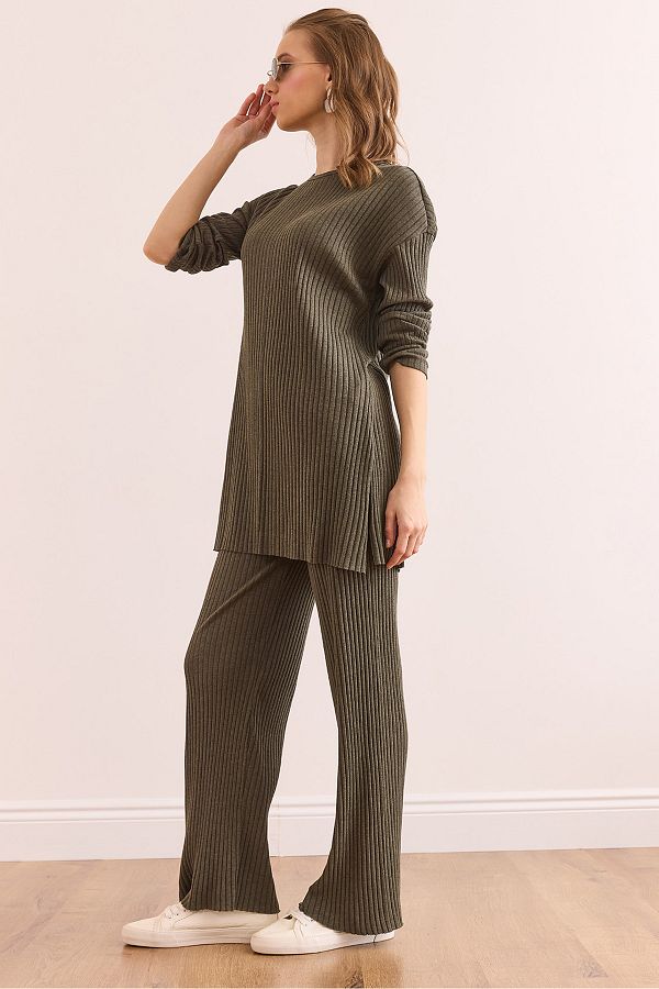Olalook-Damen Khaki Oberteil Schlitz Bluse Unterteil Palazzo Kordel Anzug TKM-19000180 1