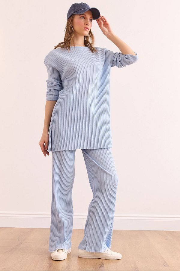 Olalook-Babyblaues Oberteil mit Schlitz, Bluse und Unterteil für Damen, Palazzo-Kostüm mit Kordelzug, TKM-19000180 1