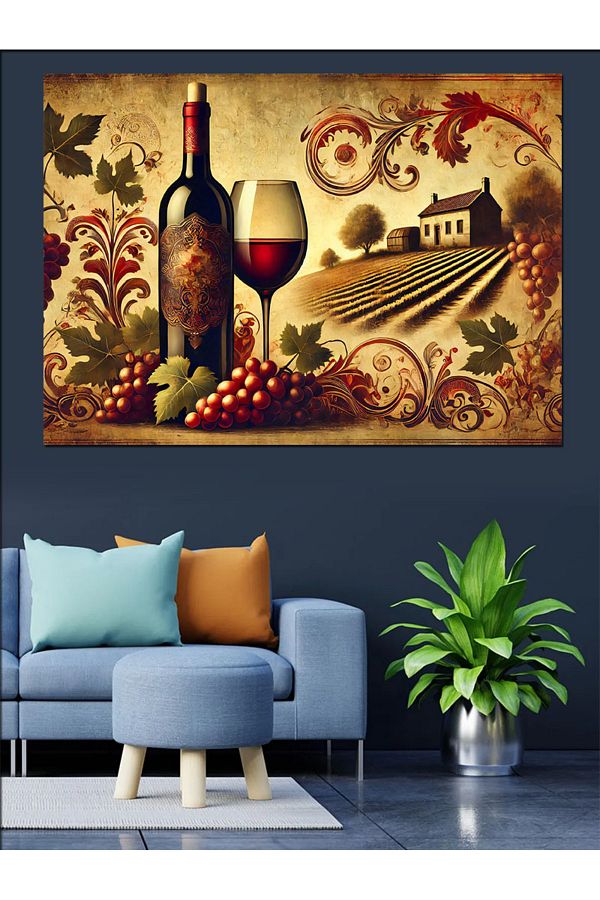 karizmart-Wine and Grape Decorative Canvas - Mdf Wooden Table 1