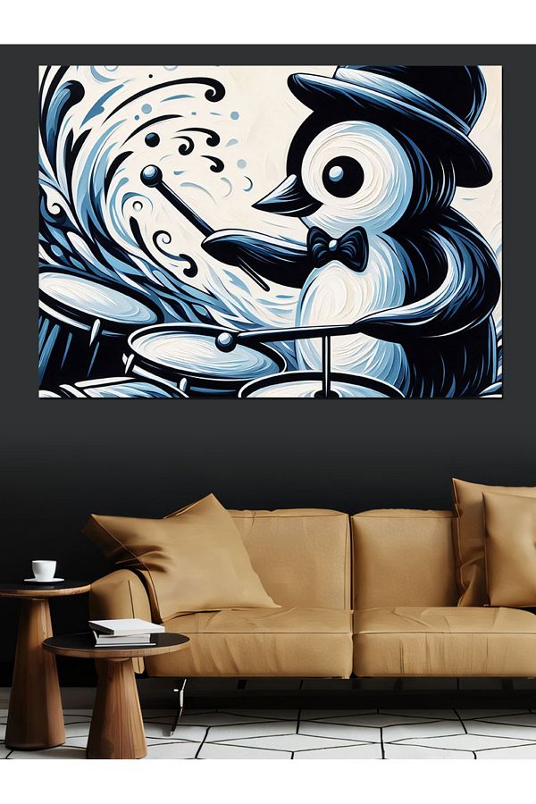 karizmart-Drum Playing Penguin Decorative Canvas - Mdf Wooden Table 1
