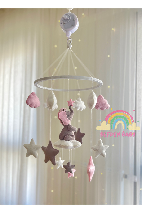 SefDen Lazer Kesim Atölyesi Pembe gri fil figürlü kız bebek beşik dönencesi müzikli dönence