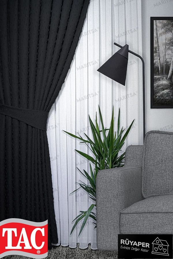 Taç-Dream Linen Series Grammage Pompom Pattern Smoked Color Background Curtain Frequent Pleat Single Wing 1