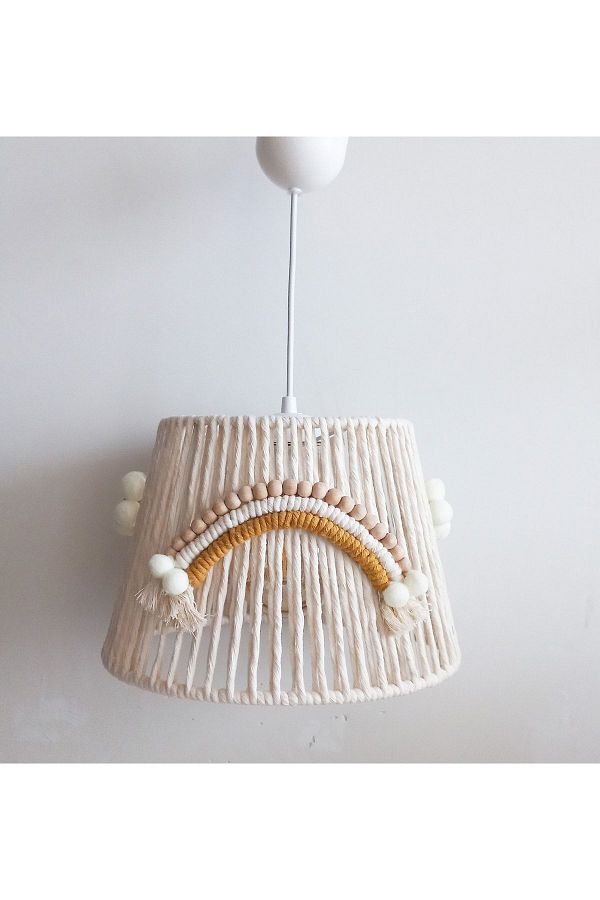 C&A&B KUZEY AVİZE-Ecru Macrame String Wrap Rainbow And Wooden Bead Appliqued Baby And Children's Room Chandelier 1