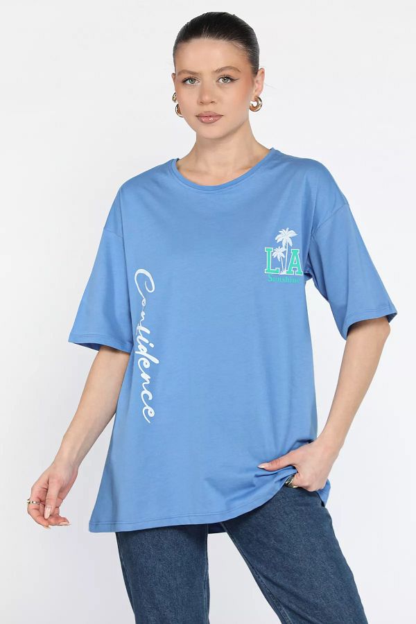 GÜLSELİ-Indigo Printed Crew Neck Women's T-Shirt 1