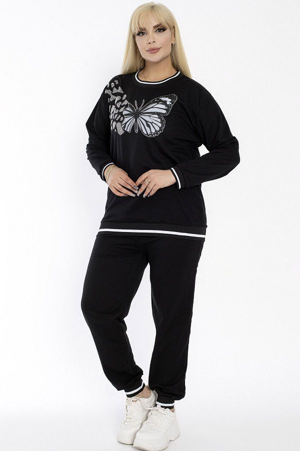Kheos-Set de trening confortabil, cu imprimeu cu pietre de fluture, decolteu rotund, cu mânecă lungă, cu șireturi în talie, cu buzunare elastice 1