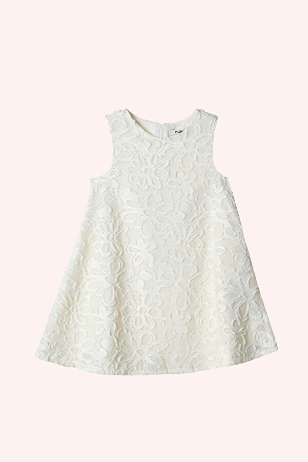 Panço Kız Bebek Çiçek Dokulu Ekru Parti Elbisesi