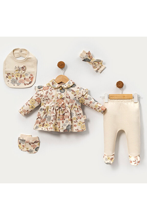 Bebelove Kız Bebek Çicek Deseli Düğmeli 5 li Yeni Doğan Zıbın Seti