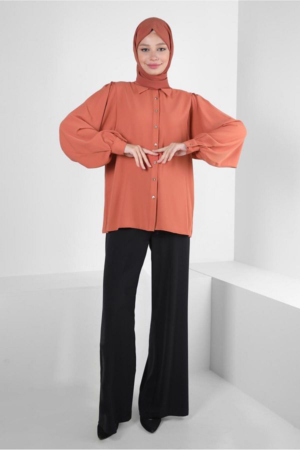 Alvina-43870 Model Blouse with Balloon Sleeve and Button Detail 1