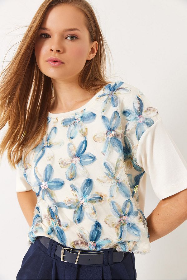 Bianco Lucci-Tricou cu mânecă scurtă din tul cu decolteu pentru femei 60284022 1