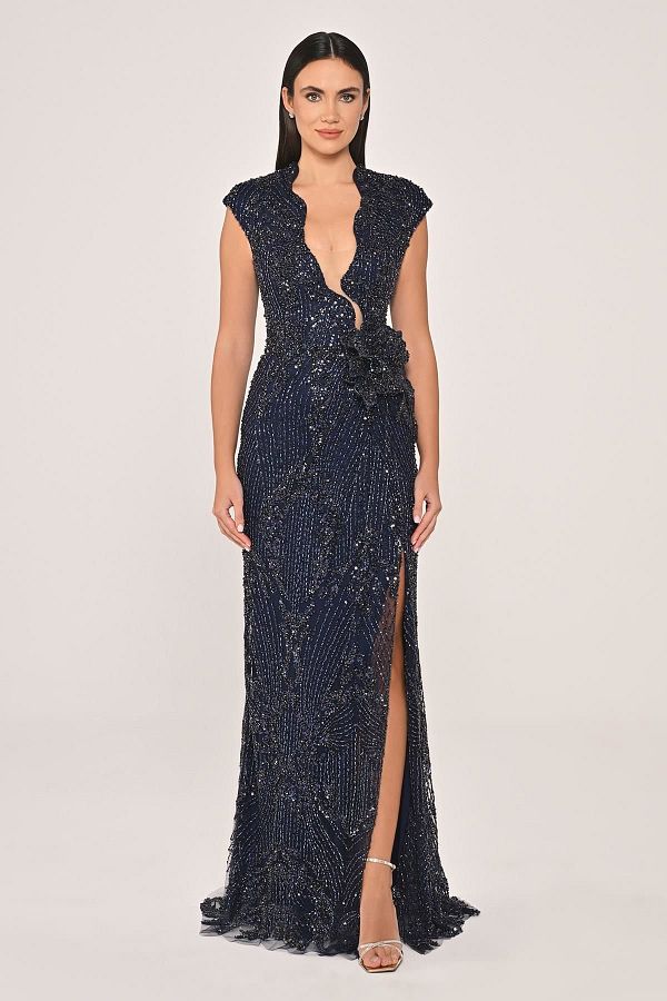 ALFABETA-Alfa Beta Women's Low-Cut Waist Flower Accessory Sequin Long Evening Dress 1