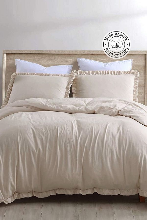 Evlen Home Collection-Cotton Stone Washed Frilly Duvet Cover Set 4 Piece Barella Soft Cappuccino 1