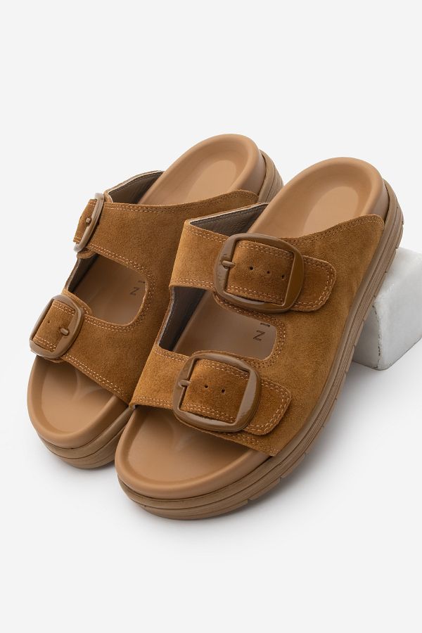 Marjin-Women's Genuine Leather Buckle Thick Sole Daily Slippers Rontes Tan Suede 1